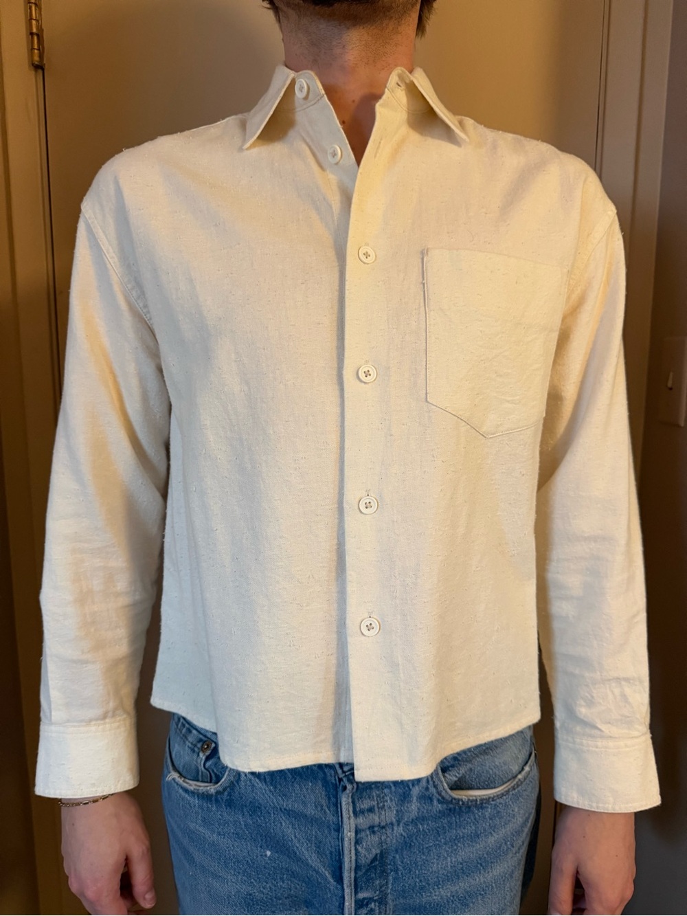Zara Cream Long-Sleeve Casual Button-Down Shirt